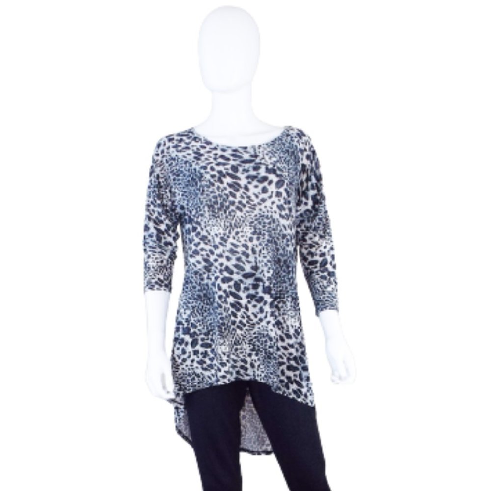 THANTH BLACK WHITE ANIMAL PRINT HI LOW 3/4 SLEEVE TUNIC  - MEDIUM